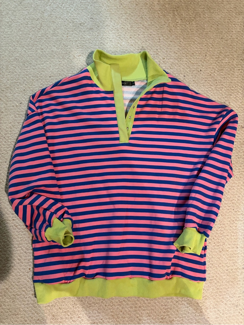 Women’s Pink & Blue Striped Popover Sweatshirt with Lime Trim